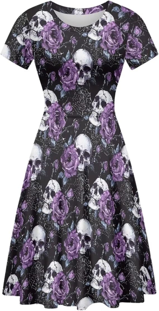 Women Puffy Swing Elegant Party Midi Dresses Short Sleeve Round Neck A-Line Dress