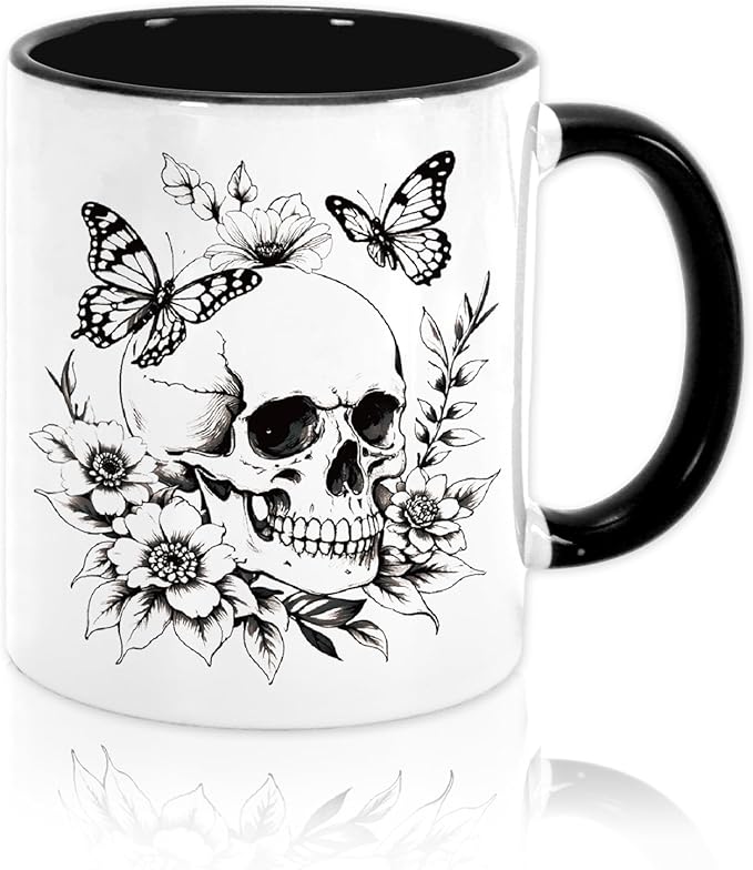 Whaline Halloween Mug Skull Flower Butterfly Coffee Mug White Black Spooky Ceramic Drinking Cup for Halloween Party Supplies Table Centerpieces, 12oz