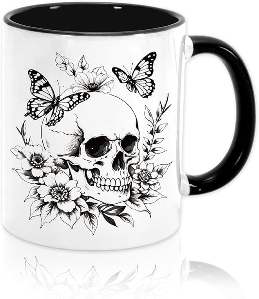 Whaline Halloween Mug Skull Flower Butterfly Coffee Mug White Black Spooky Ceramic Drinking Cup for Halloween Party Supplies Table Centerpieces, 12oz