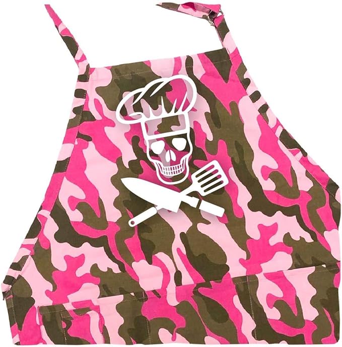 ApronMen - BBQ Grill Apron - Pirate Cook Skull Chef - 1 Size Fits All Chef Apron 4 Utility Pockets, Adjustable Neck - Pink Camo Color