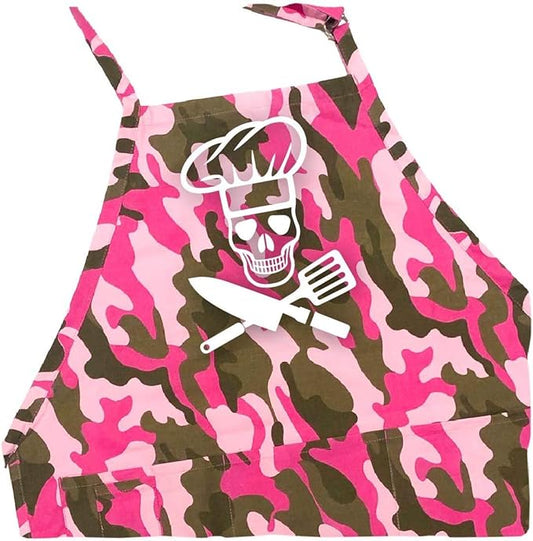 ApronMen - BBQ Grill Apron - Pirate Cook Skull Chef - 1 Size Fits All Chef Apron 4 Utility Pockets, Adjustable Neck - Pink Camo Color
