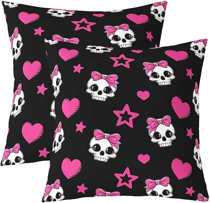 Castle Fairy Cartoon Skull Set of 2 Cushion Cover Halloween Theme Cute Skeletons Throw Pillow Cover for Bedroom Living Room Decor Pink Hearts Stars Bow Black Square Pillow Case 16x16 Inch