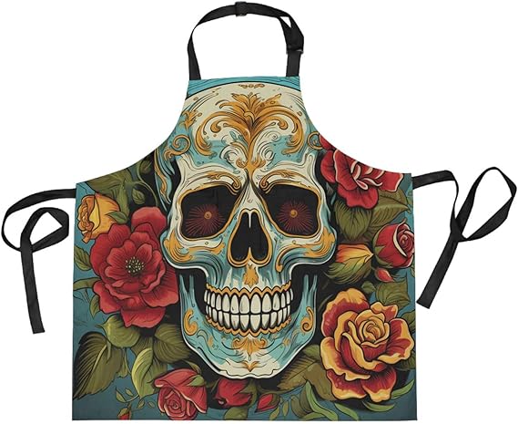Skull Pattern Rose Art Kitchen Chef Apron Waitress Aprons with 2 Pockets for Women Boys Cooking Baking