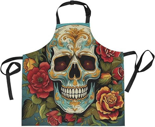 Skull Pattern Rose Art Kitchen Chef Apron Waitress Aprons with 2 Pockets for Women Boys Cooking Baking