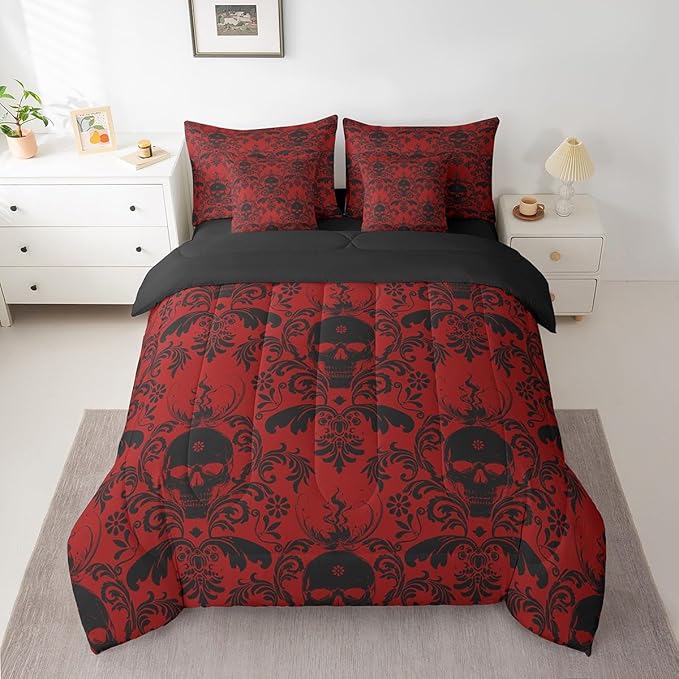 Feelyou Jacquard Damask Bed in a Bag Twin Size Vintage Damask 7 Piece Bedding Set for Boys Girls Decor Sugar Skull Bed Set Includes Comforter, Sheets, Pillowcases & Pillow Covers Vintage Floral