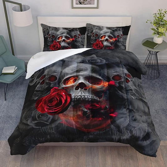 AILONEN Skull Comforter Set Queen Size, Romantic Rose Skull Bedding Set,Bedroom Decor Men Smoke Fog Luxurious Horror Nature Grey Black Print 3 Pieces(1 Comforter + 2 Pillowcases)