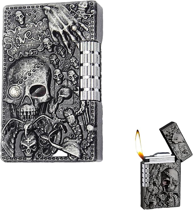 Cool Engraved Skull Lighter - Creative Grinding Wheel Butane Lighter, Soft Flame, Jet Torch - Adjustable Inflatable, Retro Antique - Men's Gift (No Gas) - Black Gray
