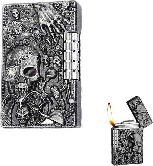 Cool Engraved Skull Lighter - Creative Grinding Wheel Butane Lighter, Soft Flame, Jet Torch - Adjustable Inflatable, Retro Antique - Men's Gift (No Gas) - Black Gray