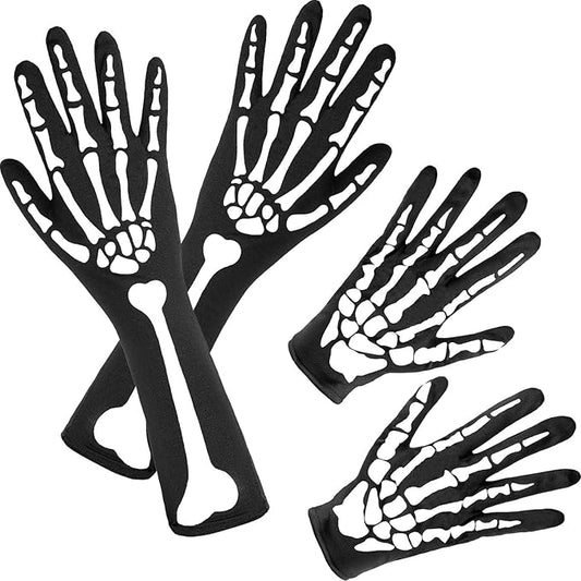 2 Pairs Halloween Skeleton Gloves, Black Elastic Short and Long Arm Full Finger Bone Goth Gloves for Halloween Cosplay Costume Accessories