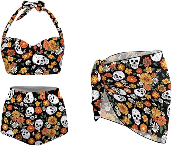 Women 3 Piece Bikini Sets High Waist Tummy Control Swimsuits with Short Cover Up Halter Bathing Suits S-XXL