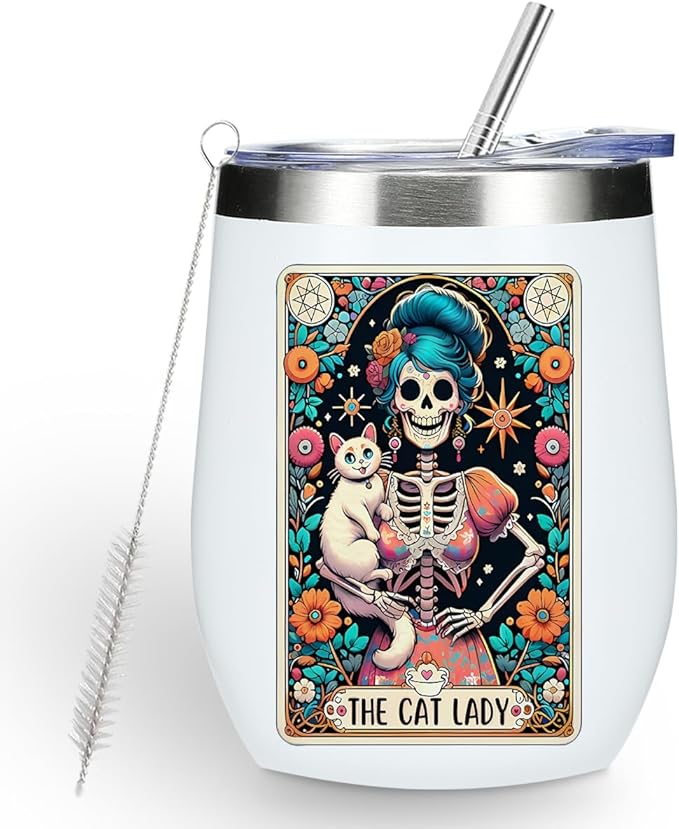 Funny Cat Lady Skeleton Wine Tumbler, Sarcastic Skull Gothic Witch Stuff Goth Witchy Gifts for Women Cat Lover Birthday Christmas Coffee Cup Insulated Stainless Steel 12oz Wine Glass with Lid, Straw
