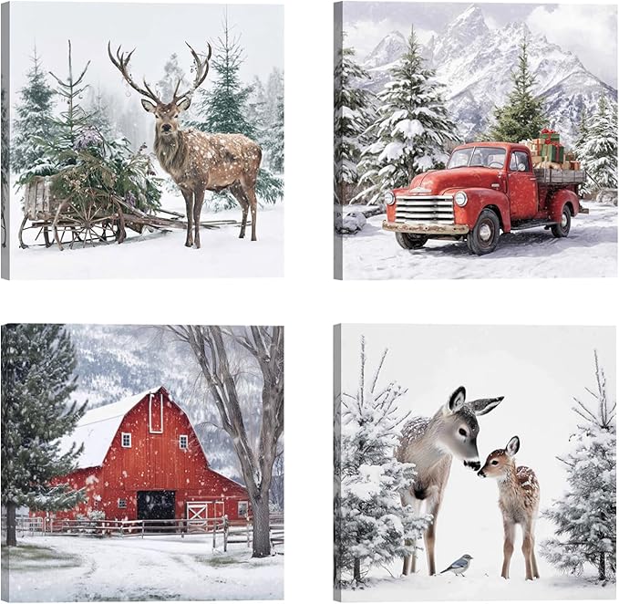 Christmas Wall Art Set of 4, 12x12 Inch Winter Snowy Forest Pictures,Christmas Reindeer Paintings,Vintage Red Truck & Barn Poster Canvas Prints,Farmhouse Holiday Decor for Living Room Bedroom
