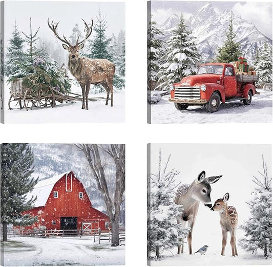 Christmas Wall Art Set of 4, 12x12 Inch Winter Snowy Forest Pictures,Christmas Reindeer Paintings,Vintage Red Truck & Barn Poster Canvas Prints,Farmhouse Holiday Decor for Living Room Bedroom