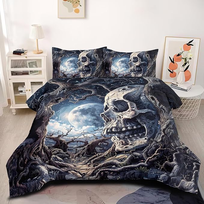 Halloween Bedding King Comforter Set,Skull Gothic Bedding for Adult Men Bedroom Decor,3 Pcs 2 Pillowcases/104 * 90