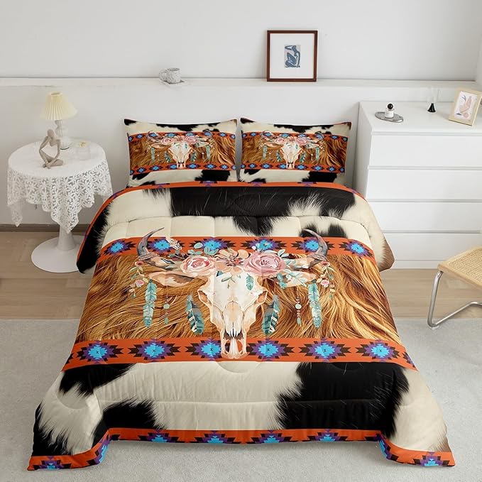 Feelyou Western Decor Comforter King Size Longhorn Skull Comforter Set Children Cow Fur Printed Wild Western Cowboy Southwestern Bedding Set Room Decor Geometric Duvet Set 3Pcs