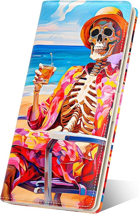 Nipichsha Womens Wallet, RFID Slim Wallets for Women, Thin Ladies Credit Card Holder Purse, Cute Leather Bifold Clutch Billfold with 11 Card Slots & ID Window, Beach Skull