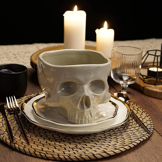 Food Safe Skull Bowl for Eating, Ceramic Skull Shaped Bowl for Cereal Pasta & Ice Cream, Gothic Tabletop Skeleton Head Shaped Decor (big)