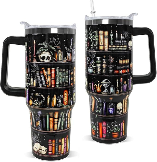 Book Lovers Gifts 40oz Book Lover Tumbler with Handle Halloween Goth Skull Bookshelf Coffee Travel Mugs Insulated Cup Gifts for Women Readers,Reading,Bookish,Librarian,Books