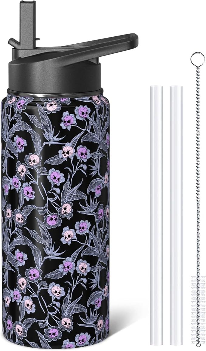Halloween Goth Skull 18oz Water Bottles with Flip Straw & Spout Lid, Gothic Floral Stainless Steel Travel Sport Water Bottle, Holiday Gifts for Women Girls (1 PC)