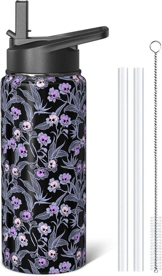 Halloween Goth Skull 18oz Water Bottles with Flip Straw & Spout Lid, Gothic Floral Stainless Steel Travel Sport Water Bottle, Holiday Gifts for Women Girls (1 PC)