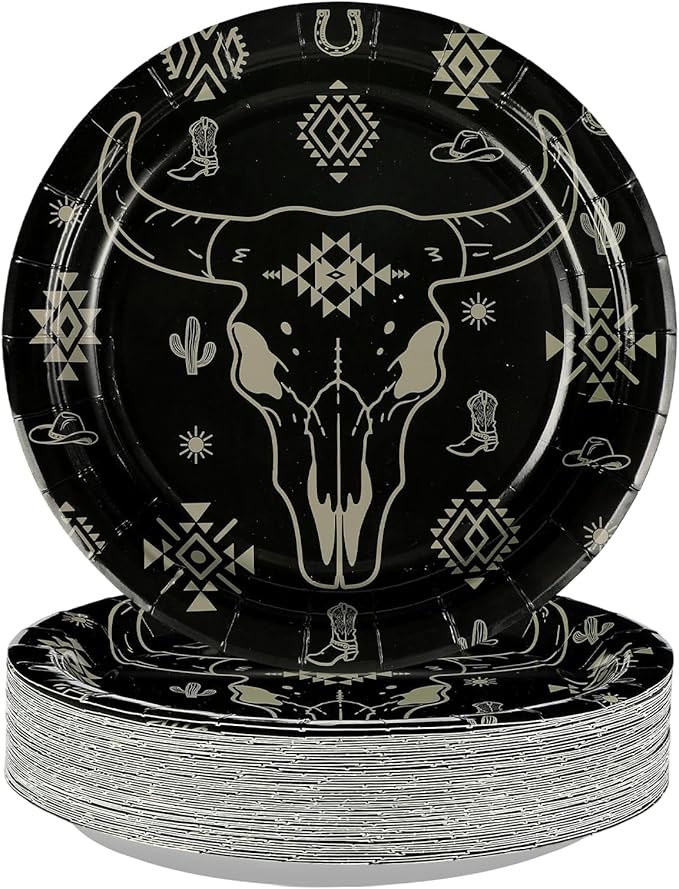 Grencian 50Pcs Bull Skull Decorations 9in Heavy Duty Disposable Western Cow Skull Desert Paper Plates For Southwestern Cowboy Party Supplies