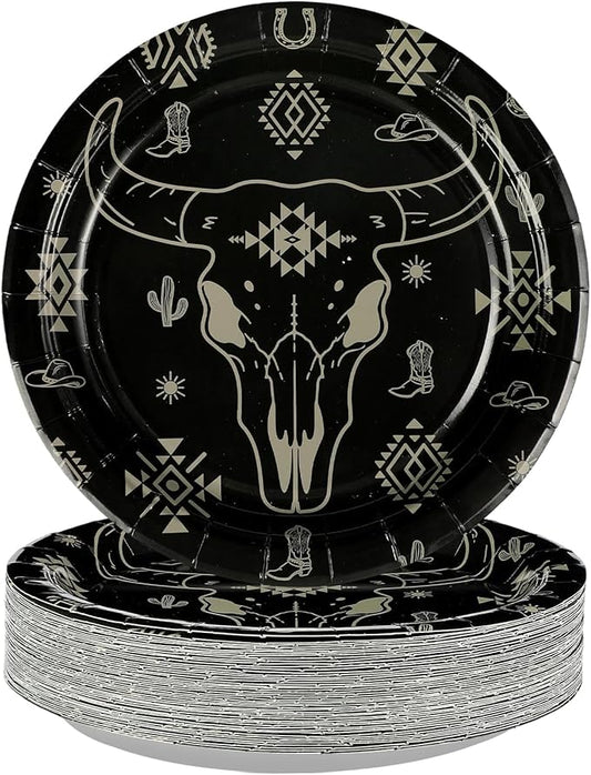 Grencian 50Pcs Bull Skull Decorations 9in Heavy Duty Disposable Western Cow Skull Desert Paper Plates For Southwestern Cowboy Party Supplies
