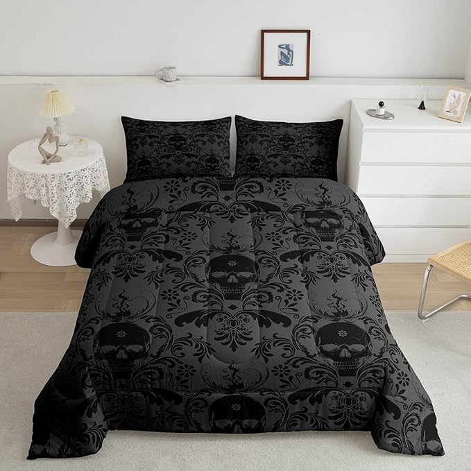 Jacquard Damask Duvet Quilt Full Size Boho Damask Bedding Set for Kids Boys Girls Decor Floral Surgar Skull Comforter Set Breathable Soft Lightweight Microfiber Skull Bedroom Decor Bedclothes