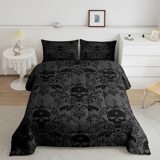 Jacquard Damask Duvet Quilt Full Size Boho Damask Bedding Set for Kids Boys Girls Decor Floral Surgar Skull Comforter Set Breathable Soft Lightweight Microfiber Skull Bedroom Decor Bedclothes
