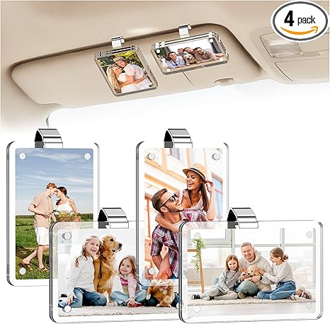4Pcs Car Picture Holders, Acrylic Car Visor Photo Clip, Car Interior Accessories Magnetic Car Sunshade Photo Frame for Adding Family or Personal Photos, Gifts for Christmas/Thanksgiving/Valentine's Day