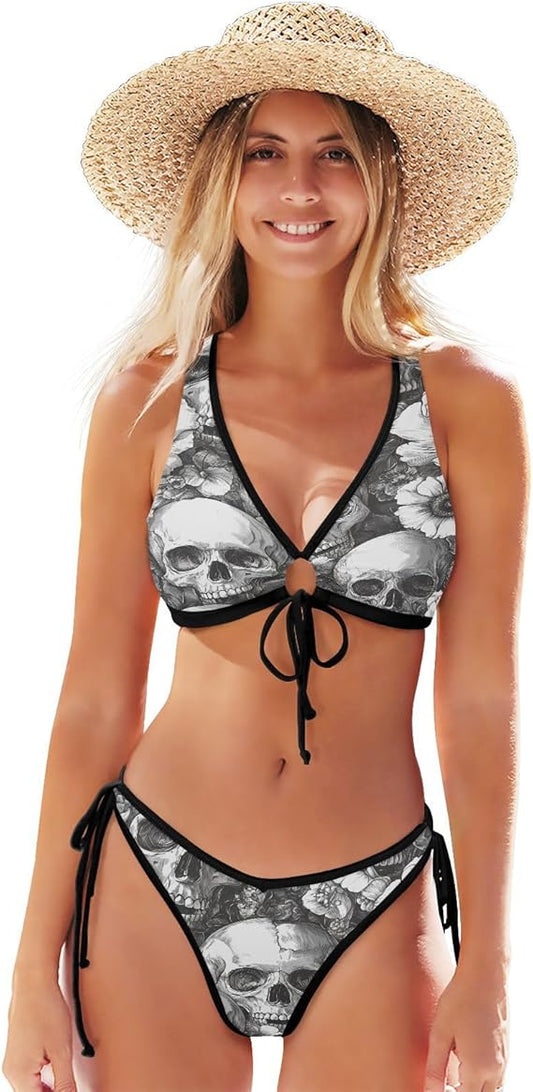 Grey Flowers and Skulls Bikini Set for Women Two Piece Sexy O-Ring String Triangle Swimsuit for Summer Beach