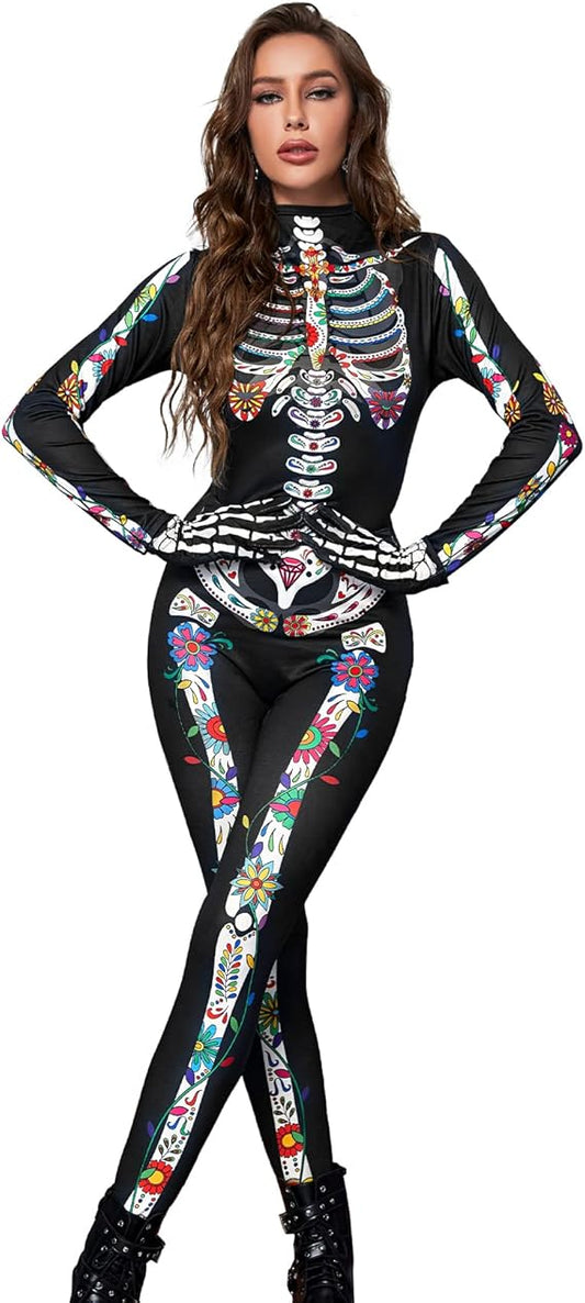 3D Skeleton Costume Women, Halloween Sexy Skull Onesie Bodysuit with Gloves, Dia de los Muertos Jumpsuit