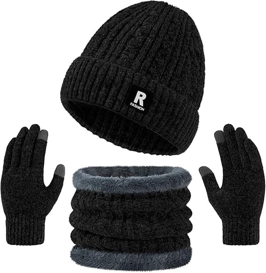 Winter Beanie Hat Scarf Gloves Set, Warm Fleece Lined Skull Cap Neck Warmer Winter Gloves for Men Women