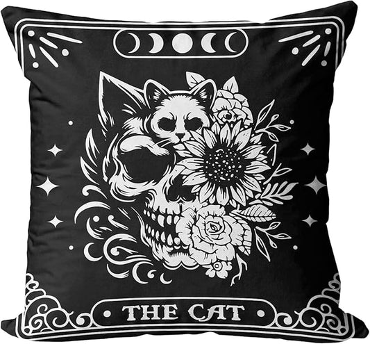 Gothic Room Decor Skull Cat Pillow Cover for Pet Lover, Tarot Cat Decor Pillow Covers 18 X 18 Inch, Witchy Aesthetic Throw Pillow Case for Sofa Couch Bed College Dorm Decor