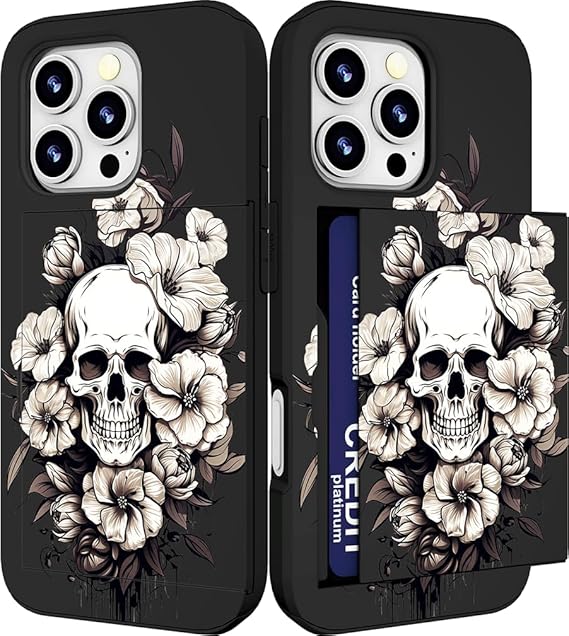 Compatible with iPhone 16 Promax Case Cute with Card Holder Shockproof Slim Slot Pro Max Phone Wallet Cover for Women/Black Floral Skull Flower Skeleton Tattoo Cool