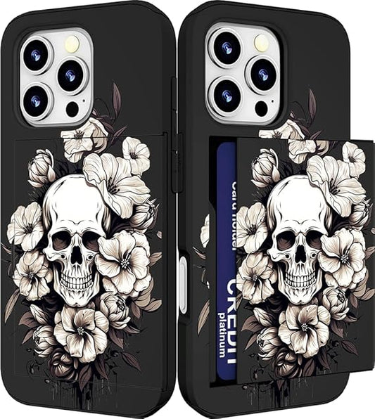 Compatible with iPhone 16 Promax Case Cute with Card Holder Shockproof Slim Slot Pro Max Phone Wallet Cover for Women/Black Floral Skull Flower Skeleton Tattoo Cool