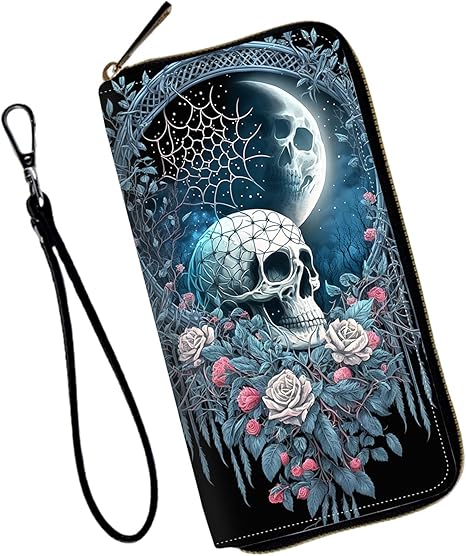 Wristlet Wallet for Women Teen Girls RFID Blocking Credit Card Holder with Removable Wristlet, Leather Phone Wallet Clutch Large Capacity Ladies Travel Purse-Skull Roses Floral