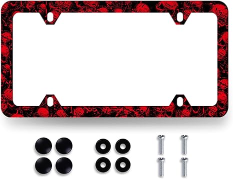 Red Skulls License Plate Frame Skull Blood Drips Pattern License Plate Holder Colorful Stainless Steel Skull Car Accessory Funny License Plate Decoration Size 12.2" x 6.2" with Screws