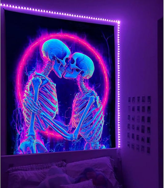 Manicer Blacklight Skull Tapestry – UV Reactive Neon The Kissing Lovers Skeleton Wall Hanging, Glow in the Dark Gothic Art Poster for Bedroom, Living Room, Party Decor – 51" x 59"