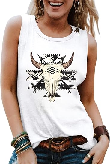 Cow Print Aztec Tank Top Woman Boho Bull Skull Tanks Western Cowgirl Shirt Vintage Cowboy Sleeveless Tops
