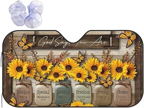 Sunflowers and Butterflies Windshield Sunshade God Inspirational Windshield Sun Shade, Foldable Auto Sunshade for Car Truck SUV Auto