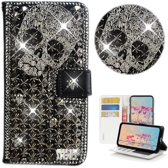 STENES Bling Wallet Phone Case Compatible with Samsung Galaxy Z Fold 7 5G - Stylish - 3D Handmade Punk Skull Glitter Magnetic Wallet Stand Girls Women Leather Cover - Black