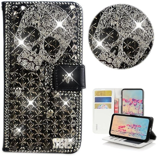 STENES Bling Wallet Phone Case Compatible with Samsung Galaxy Z Fold 7 5G - Stylish - 3D Handmade Punk Skull Glitter Magnetic Wallet Stand Girls Women Leather Cover - Black
