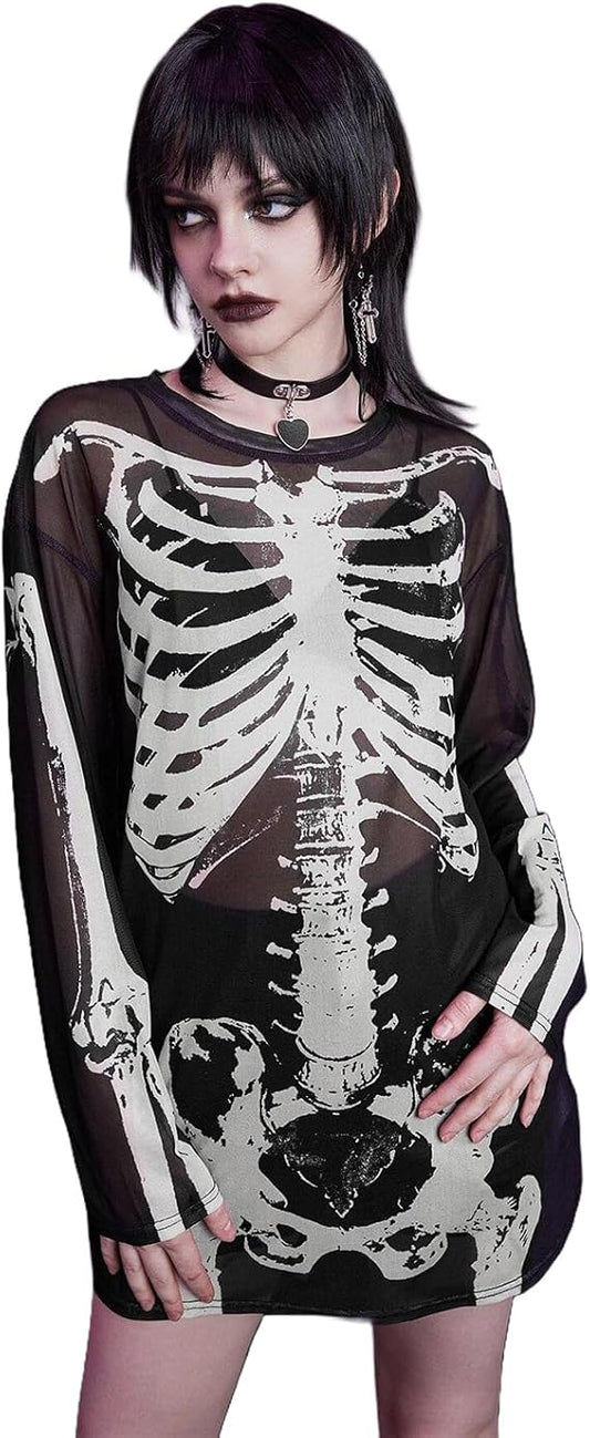 Women's Long Sleeve Halloween Skeleton Shirt See Through Sheer Mesh Top Blouse Rave Costume