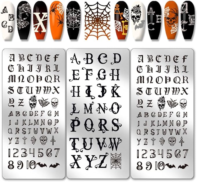 PH PandaHall 3pcs Letter Nail Stamping Plates Font Letters Number Nails Image Plates Gothic Style Skull Manicure Art Templates Alphabet Nail Art Stencils for Women Manicures DIY Design Printing