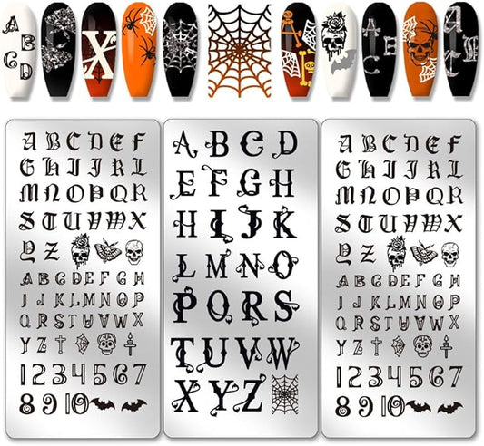 PH PandaHall 3pcs Letter Nail Stamping Plates Font Letters Number Nails Image Plates Gothic Style Skull Manicure Art Templates Alphabet Nail Art Stencils for Women Manicures DIY Design Printing