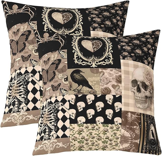 Boho Skeleton Throw Pillow Covers,Gothic Crow Moth Pattern Pillows Cushion Covers,Black Brown Grid Patchwork Pillows Covers for Couch Sofa Bed Decor,Vintage Hippie Style Cushion Case,16"Lx16"W