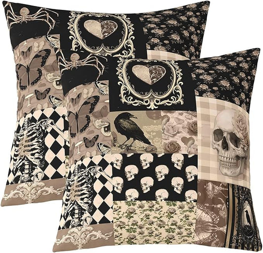 Boho Skeleton Throw Pillow Covers,Gothic Crow Moth Pattern Pillows Cushion Covers,Black Brown Grid Patchwork Pillows Covers for Couch Sofa Bed Decor,Vintage Hippie Style Cushion Case,16"Lx16"W