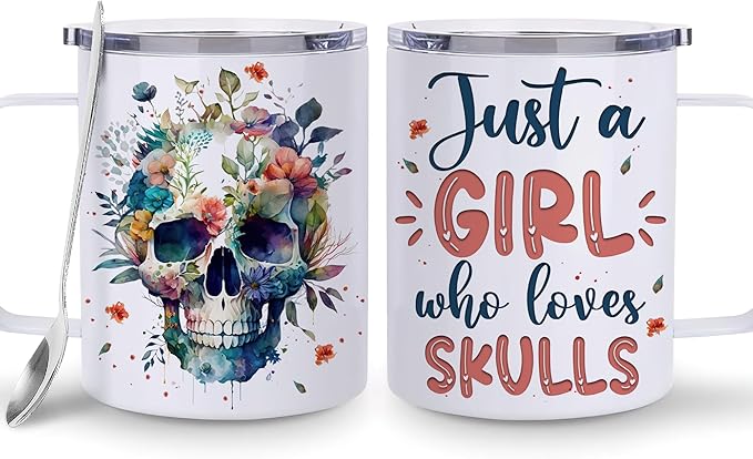 Hyturtle Skull Cup Gifts Skull Lovers - Just A Girl Who Loves Skulls Coffee Mug Stainless Steel 12oz - Goth Gifts For Women - Cute Gothic Lover Gift For Her, Girls, Daughter On Birthday Christmas