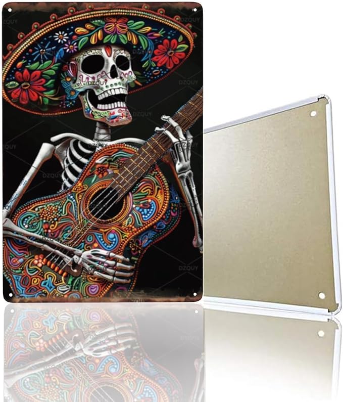 Mexican Skeleton Playing Guitar Metal Sign - Dia de los Muertos Wall Art for Fiesta Decor, Home Bar & Music Room - Handmade Rustic Tin Plaque with Colorful Sugar Skull Design (12x8 Inch)