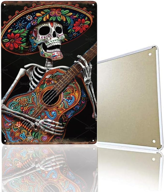 Mexican Skeleton Playing Guitar Metal Sign - Dia de los Muertos Wall Art for Fiesta Decor, Home Bar & Music Room - Handmade Rustic Tin Plaque with Colorful Sugar Skull Design (12x8 Inch)